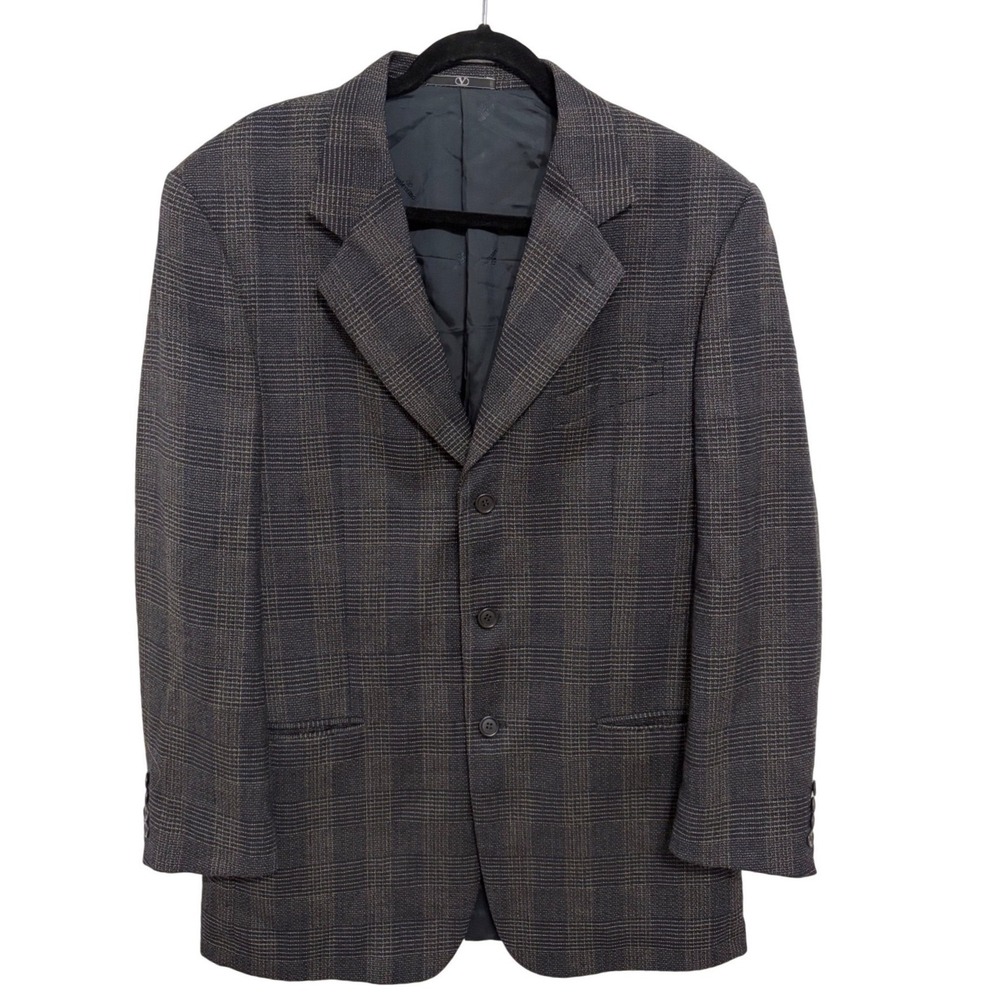 Valentino Uomo Mens 40L Blazer Pure Virgin Wool Plaid Sport Coat Grey Brown 40 L